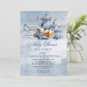 Elegant Blue Floral Tea Set Babydusche Tee Einladung (Stehend Vorderseite)
