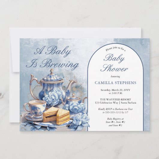 Elegant Blue Floral Tea Set Babydusche Tee Einladung (Vorderseite)