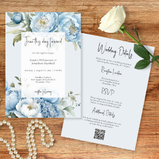 Elegant Blue Floral Two Sided Wedding Invitation Einladung