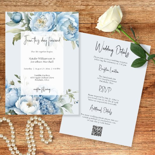 Elegant Blue Floral Two Sided Wedding Invitation Einladung