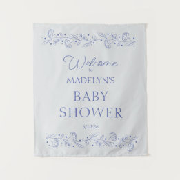 Elegant Blue Floral Vines Baby Shower Welcome Sign Wandteppich
