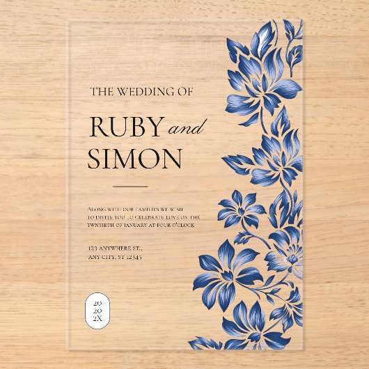 Elegant Blue Floral Vintage Wedding Acryleinladungen (Vorderseite)