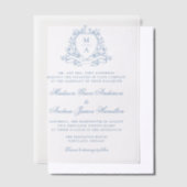 Elegant Blue Floral Wappen Monogram Wedding Pergament Einladungen (Versetzt)