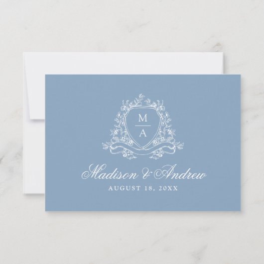 Elegant Blue Floral Wappen Monogram Wedding RSVP Karte (Rückseite)