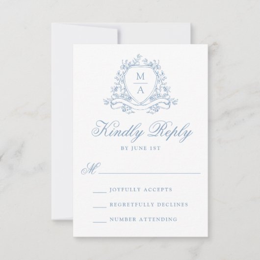 Elegant Blue Floral Wappen Monogram Wedding RSVP Karte (Vorderseite)