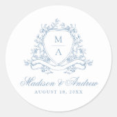 Elegant Blue Floral Wappen Monogram Wedding Runder Aufkleber (Vorderseite)