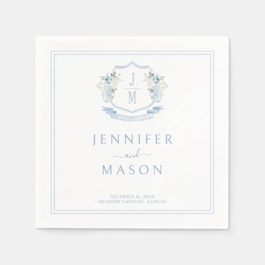 Elegant Blue Floral Wappen Monogram Wedding Serviette (Vorderseite)