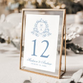 Elegant Blue Floral Wappen Monogram Wedding Tischnummer