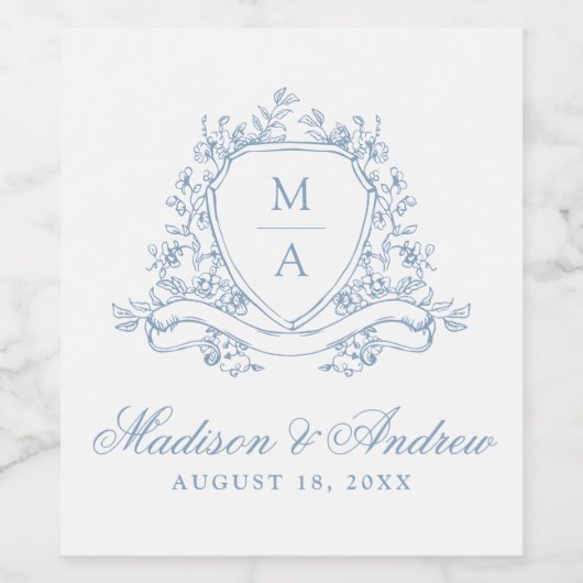 Elegant Blue Floral Wappen Monogram Wedding Weinetikett (Einzelnes Label)