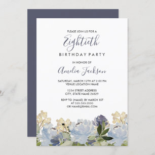 Elegant Blue Floral Watercolor 80. Geburtstag Einladung