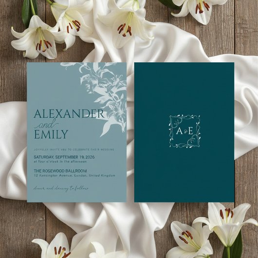 Elegant Blue Floral Wedding Invitation Einladung