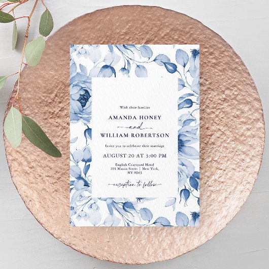 Elegant Blue Floral Wedding Invitation Einladung