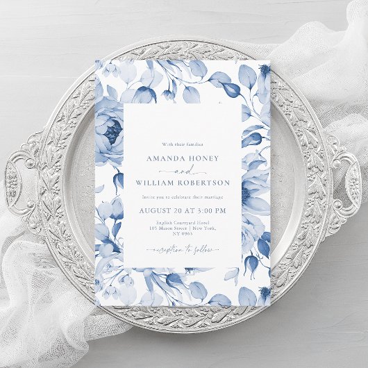 Elegant Blue Floral Wedding Invitation Einladung