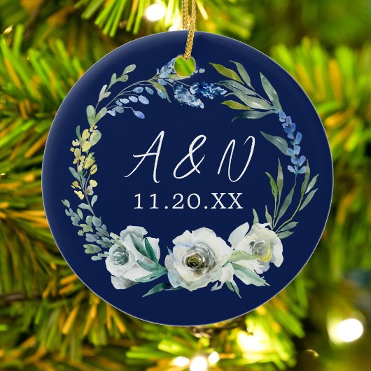 Elegant Blue Floral Wedding Monogram Christmas Keramik Ornament