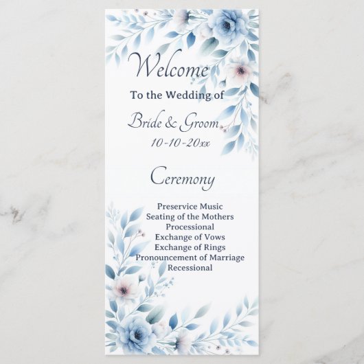 Elegant Blue Floral Wedding Programm (Vorderseite)