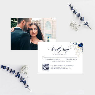Elegant Blue Floral Wedding QR Code RSVP Card Dankeskarte