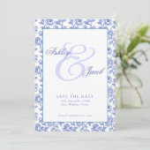 Elegant Blue Floral Wedding Save the Date (Stehend Vorderseite)