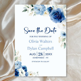 Elegant Blue Floral Wedding Save the Date Einladung