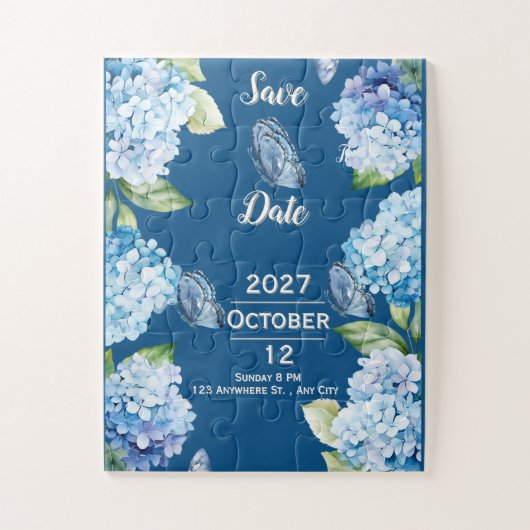 Elegant Blue Floral Wedding Save the Date Puzzle (Vertikal)