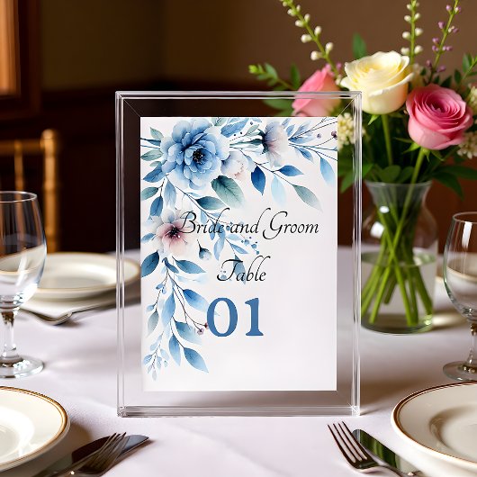 Elegant Blue Floral Wedding Table Card Tischnummer