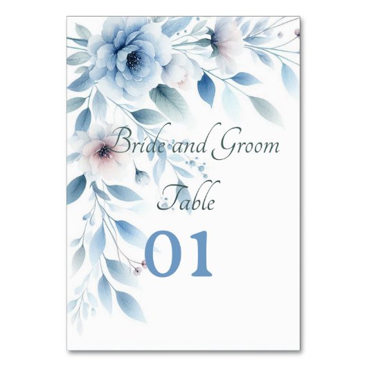 Elegant Blue Floral Wedding Table Card Tischnummer (Vorderseite)