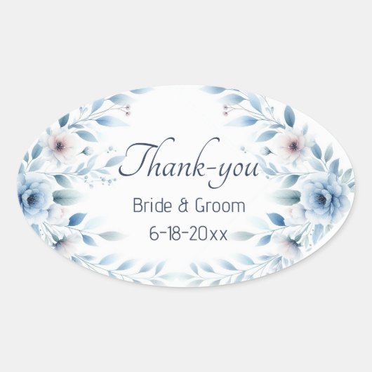 Elegant Blue Floral Wedding Thank-you Sticker (Vorderseite)