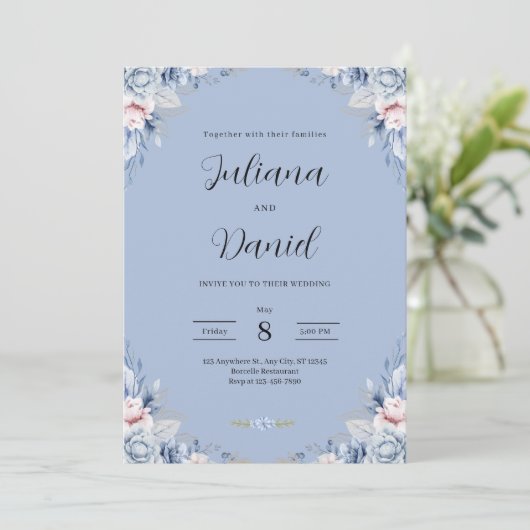 Elegant Blue Floral Wedding Tropical wedding  Einladung (Stehend Vorderseite)