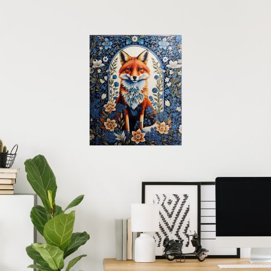 Elegant Blue Floral William Morris Inspiriert Fox Poster (Heimbüro)