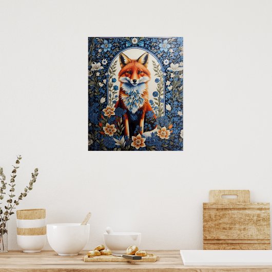 Elegant Blue Floral William Morris Inspiriert Fox Poster (Küche)