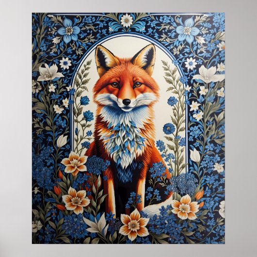 Elegant Blue Floral William Morris Inspiriert Fox Poster (Vorne)
