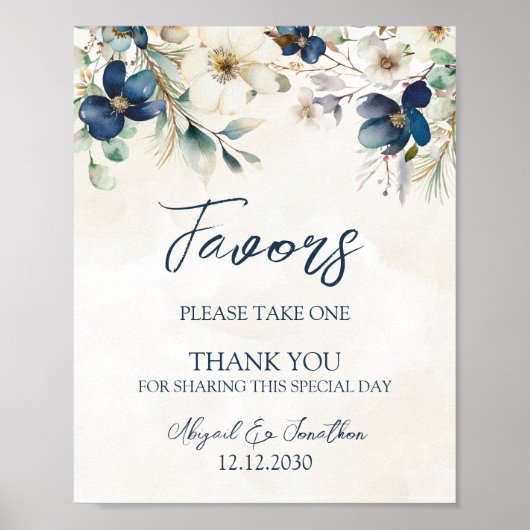 Elegant Blue Floral Winter Wedding Favors Sign Poster (Vorne)