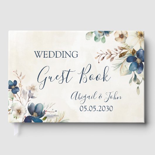 Elegant Blue Floral Winter Wedding Gästebuch (Vorderseite)