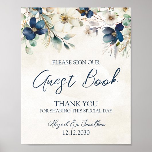 Elegant Blue Floral Winter Wedding Guest Book Sign Poster (Vorne)