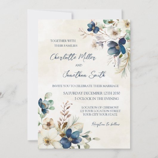 Elegant Blue Floral Winter Wedding Invitations Einladung (Vorderseite)