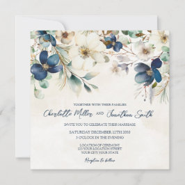 Elegant Blue Floral Winter Wedding Invitations Einladung