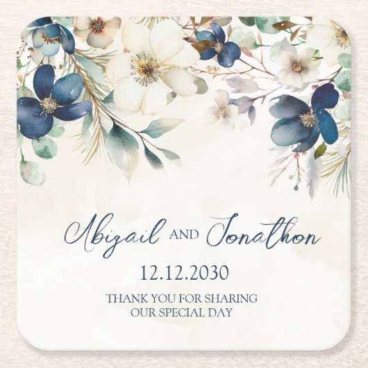 Elegant Blue Floral Winter Wedding Rechteckiger Pappuntersetzer (Vorderseite)