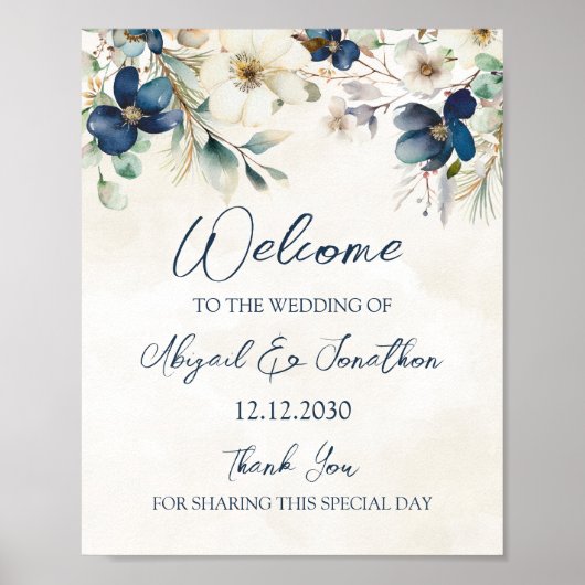 Elegant Blue Floral Winter Wedding Welcome Poster (Vorne)