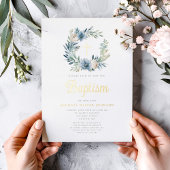 Elegant Blue Floral Wreath Boy Taufe Gold Folieneinladung