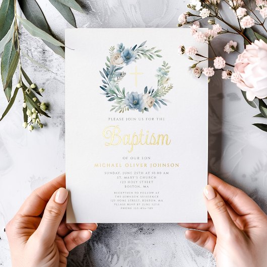 Elegant Blue Floral Wreath Boy Taufe Gold Folieneinladung