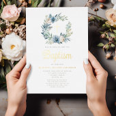Elegant Blue Floral Wreath Boy Taufe Gold Folieneinladung