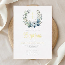 Elegant Blue Floral Wreath Cross Boy Taufe Gold