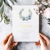 Elegant Blue Floral Wreath Cross Boy Taufe Gold Folieneinladung