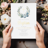 Elegant Blue Floral Wreath Cross Boy Taufe Gold Folieneinladung