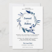 Elegant Blue Floral Wreath Wedding Einladung (Vorderseite)