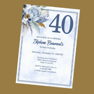 Elegant Blue Florals Women's 40th Birthday Party Einladung