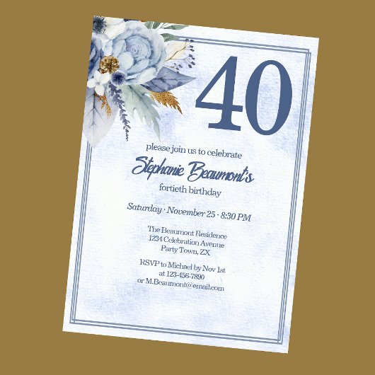 Elegant Blue Florals Women's 40th Birthday Party Einladung