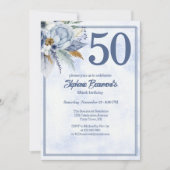 Elegant Blue Florals Women's 50th Birthday Party Einladung (Vorderseite)
