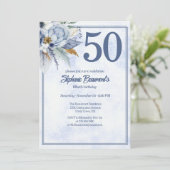 Elegant Blue Florals Women's 50th Birthday Party Einladung (Stehend Vorderseite)