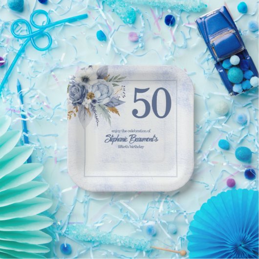 Elegant Blue Florals Women's 50th Birthday Party Pappteller (Party)