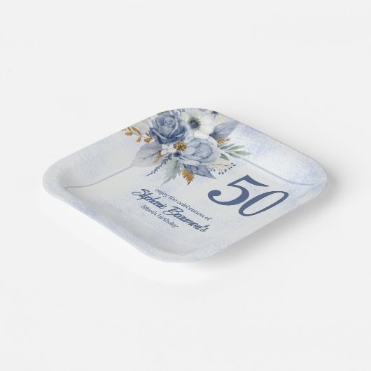 Elegant Blue Florals Women's 50th Birthday Party Pappteller (Gewinkelt)